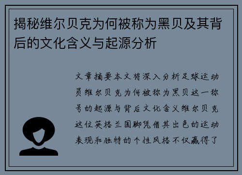 揭秘维尔贝克为何被称为黑贝及其背后的文化含义与起源分析 揭秘维尔贝克为何被称为黑贝及其背后的文化含义与起源分析