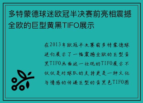 多特蒙德球迷欧冠半决赛前亮相震撼全欧的巨型黄黑TIFO展示