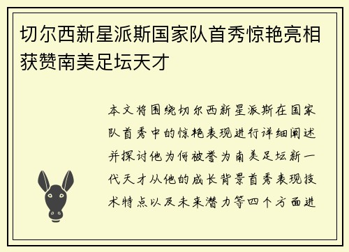 切尔西新星派斯国家队首秀惊艳亮相获赞南美足坛天才 切尔西新星派斯国家队首秀惊艳亮相获赞南美足坛天才
