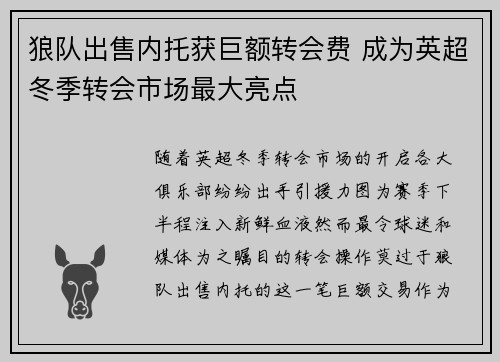 狼队出售内托获巨额转会费 成为英超冬季转会市场最大亮点