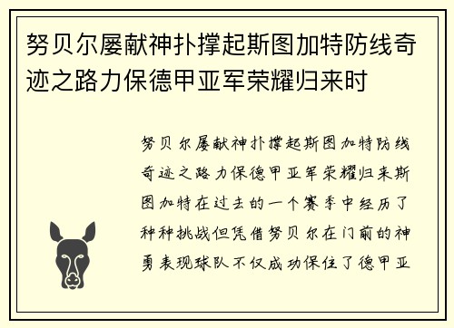 努贝尔屡献神扑撑起斯图加特防线奇迹之路力保德甲亚军荣耀归来时 努贝尔屡献神扑撑起斯图加特防线奇迹之路力保德甲亚军荣耀归来时